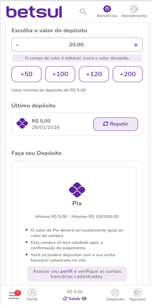 Imagem do processo de dep&oacute;sito via Pix na Betsul