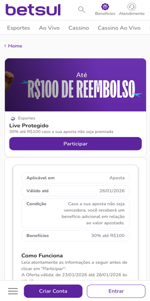 P&aacute;gina da promo&ccedil;&atilde;o live protegida na Betsul