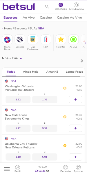 Imagem com jogos da NBA para apostar na Betsul