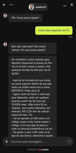 Tela com atendimento ao cliente F12 Bet pelo chat ao vivo.