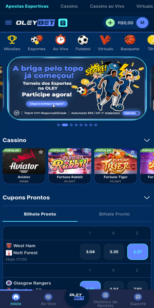 P&aacute;gina inicial da Oleybet com op&ccedil;&otilde;es de apostas