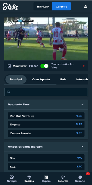 Imagem do live streaming durante uma partida de futebol na Stake