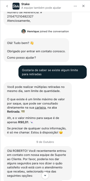 Imagem da conversa do chat ao vivo na Stake