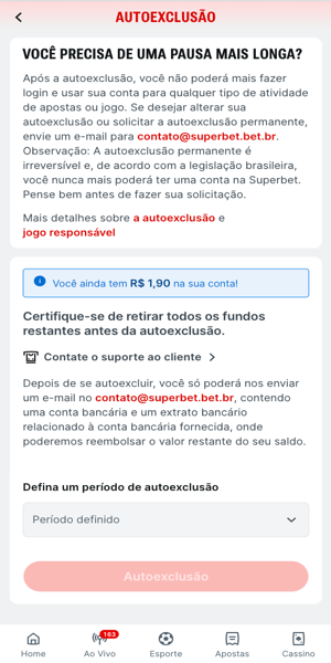 Imagem da página de autoexclusão da Superbet