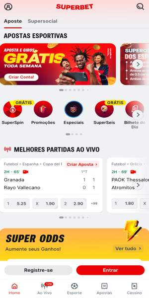 P&aacute;gina inicial para apostas esportivas na Superbet