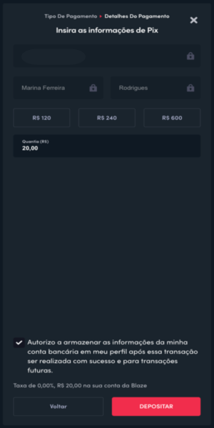 Imagem do processo de dep&oacute;sito via pix na Blaze