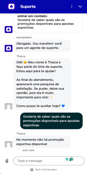 Imagem de uma conversa com o atendimento ao cliente via chat ao vivo da Apostatudo