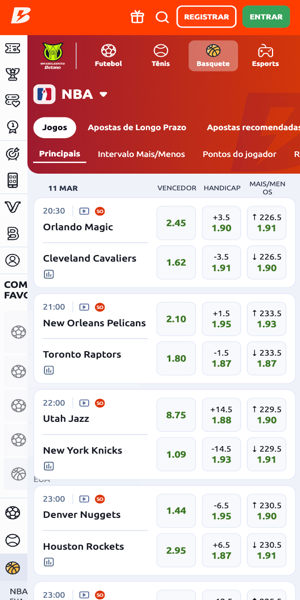 Mercados de vencedor do jogo, handicap e pontos na Betano