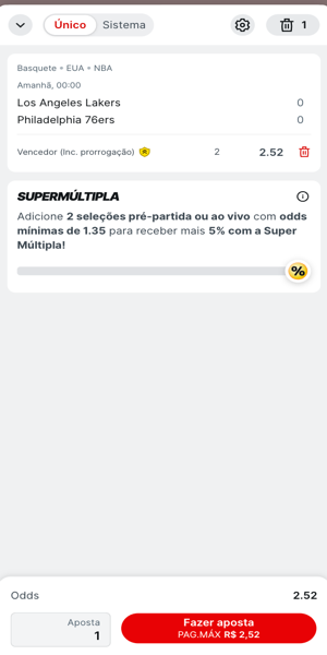 Imagem do bilhete com aposta em moneyline.