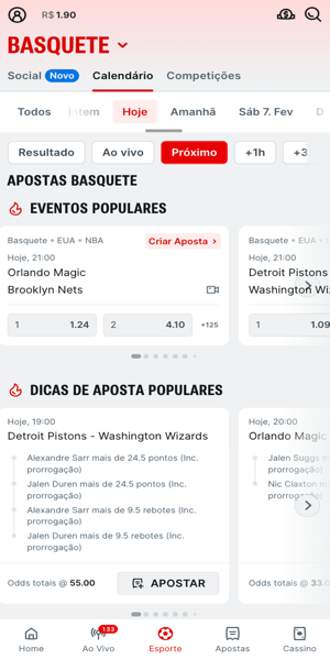 Imagem da seção de apostas em basquete