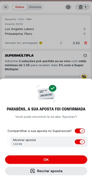 Imagem da confirmação de aposta moneyline na NBA