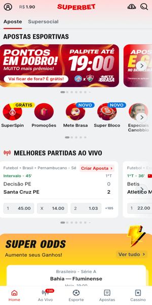 Imagem da seção de apostas da Superbet Brasil