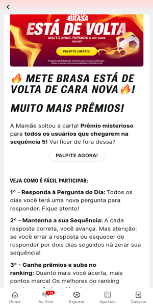 Imagem da p&aacute;gina da promo&ccedil;&atilde;o Mete Brasa, com pr&ecirc;mios de jackpot para palpites esportivos