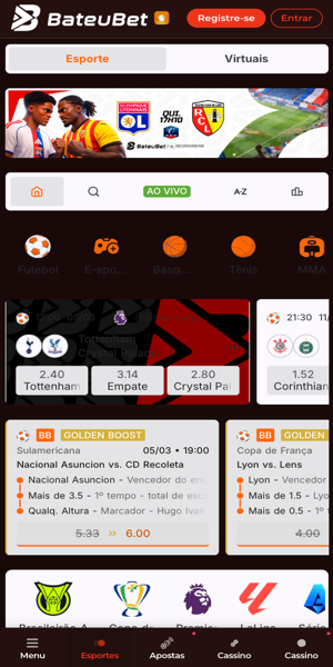 Imagem com op&ccedil;&otilde;es de apostas esportivas dispon&iacute;veis na Bateubet