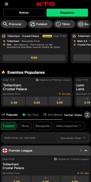 Imagem com op&ccedil;&otilde;es de apostas e eventos esportivos na KTO