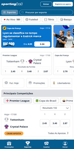 Imagem da tela principal da Sportingbet