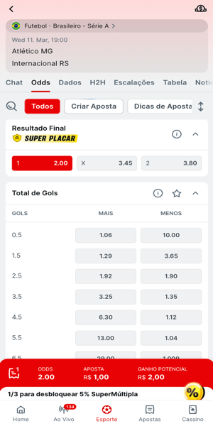 Imagem da escolha da odd para pagamento antecipado na Superbet