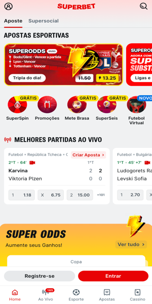 Imagem da tela principal da Superbet com op&ccedil;&otilde;es de jogos para apostar com pagamento antecipado