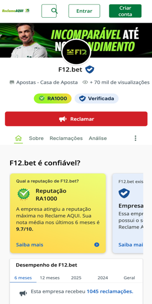 Imagem da página oficial da F 12 Bet no Reclame Aqui e o selo RA1000 para sua reputação máxima