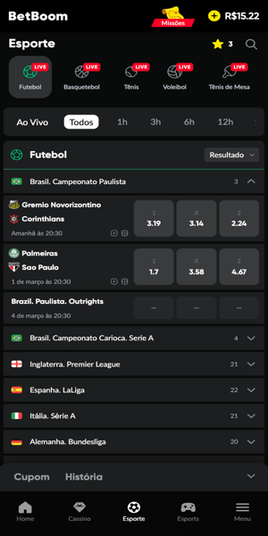 Imagem da p&aacute;gina inicial de apostas esportivas na plataforma nova Betboom