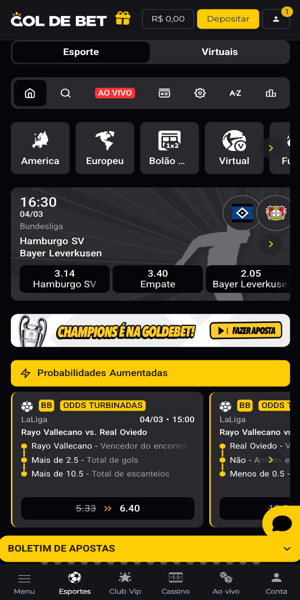 Imagem da p&aacute;gina inicial da se&ccedil;&atilde;o de apostas da Gol de Bet