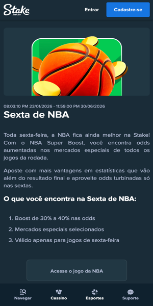 Imagem da p&aacute;gina da promo&ccedil;&atilde;o "Sexta de NBA" da Stake
