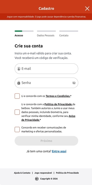 Imagem do processo de abertura de conta sem c&oacute;digo promocional Betboo