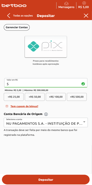 Imagem do processo de dep&oacute;sito via Pix na Betboo