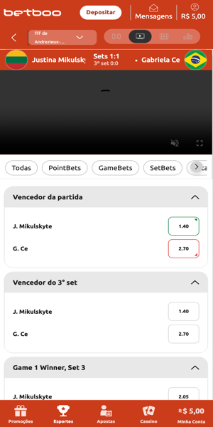 Imagem de um jogo de t&ecirc;nis com live streaming na Betboo