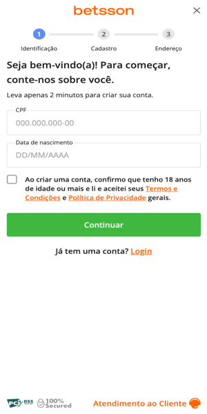 Imagem do processo de cadastro sem código promocional Betsson