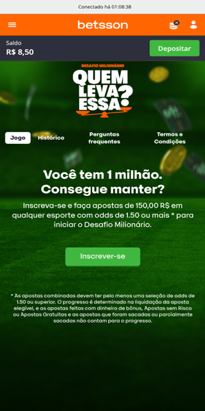 Imagem da página da promoção "Desafio Milionário" sem ativação do código bônus Betsson