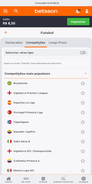 Imagem da seção de futebol nas apostas esportivas da Betsson com opções de campeonatos