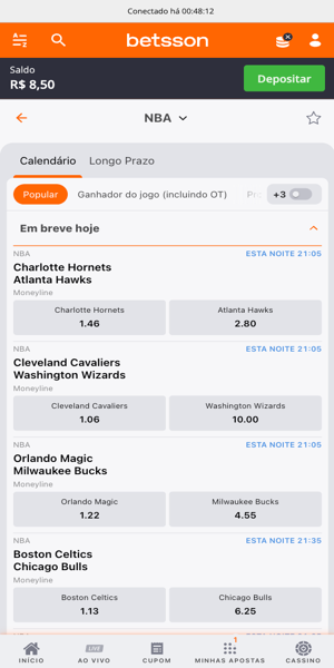 Imagem com opções de apostas na NBA na Betsson