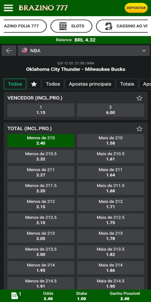 Imagem das odds e mercados de apostas dispon&iacute;veis no jogo Oklahoma City Thunder x Milwaukee Bucks na Brazino777.