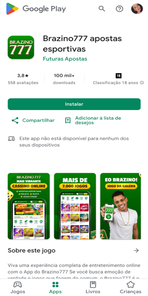 Imagem da p&aacute;gina de download do aplicativo da Brazino777 diretamente da Play Store.