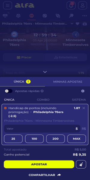 Imagem de um bilhete de aposta em um jogo da NBA dispon&iacute;vel na Alfabet Brasil