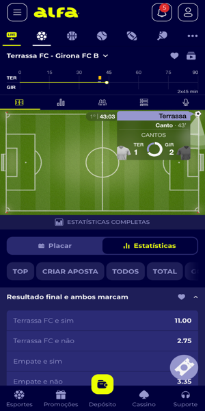 Imagem do gr&aacute;fico interativo com atualiza&ccedil;&otilde;es ao vivo dos lances da partida.
