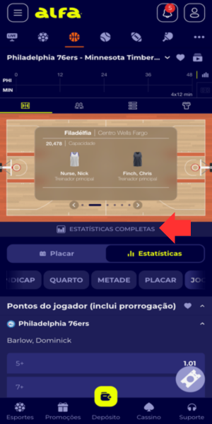 Imagem da p&aacute;gina de uma partida pr&eacute;-jogo com op&ccedil;&otilde;es para analisar estat&iacute;sticas