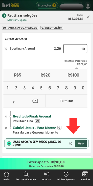 Imagem do bilhete com uma aposta sem risco na Bet365
