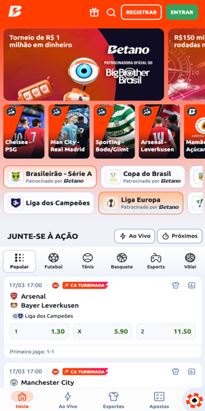 Imagem da seção de apostas da Betano com odds e ofertas variáveis