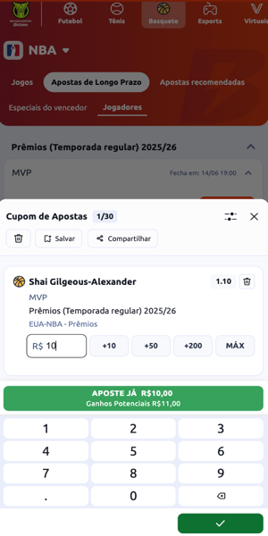 Imagem com um exemplo de aposta no MVP da temporada da NBA na Betano