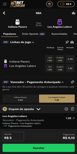 Página do jogo Indiana Pacers x Los Angeles Lakers pela NBA na BetMGM