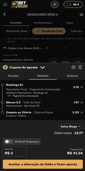 Imagem de um bilhete de aposta múltipla contendo a possibilidade de pagamento antecipado na BetMGM