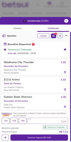 Imagem do bilhete de aposta combinada seguindo os requisitos para promo&ccedil;&atilde;o da Betsul NBA 