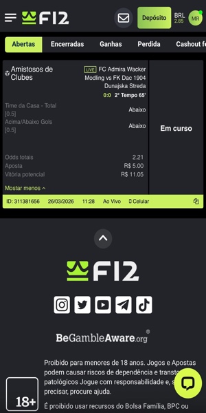 Imagem da seção de apostas abertas sem a possibilidade de cash out na bet realizada com criar aposta na F12 Bet
