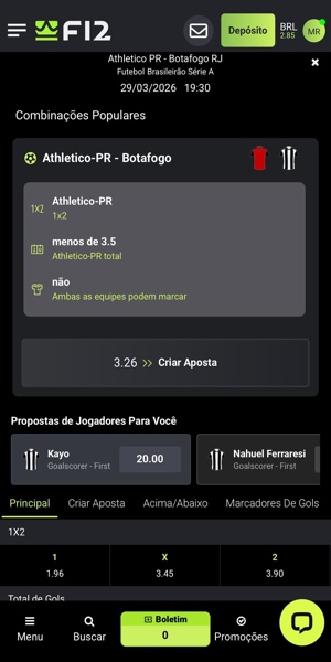 Imagem com opções de apostas no jogo entre Athletico Paranaense x Botafogo