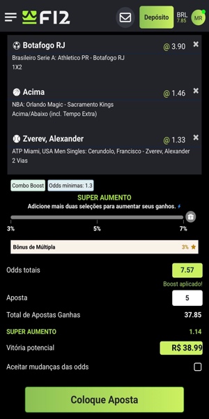 Imagem do bilhete de aposta com o benefício da múltipla incomparável na F12 Bet.