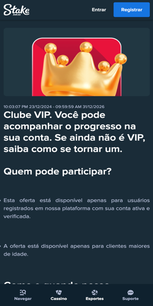 P&aacute;gina da promo&ccedil;&atilde;o do programa VIP da Stake com pr&ecirc;mios e promo&ccedil;&otilde;es exclusivas a cada n&iacute;vel