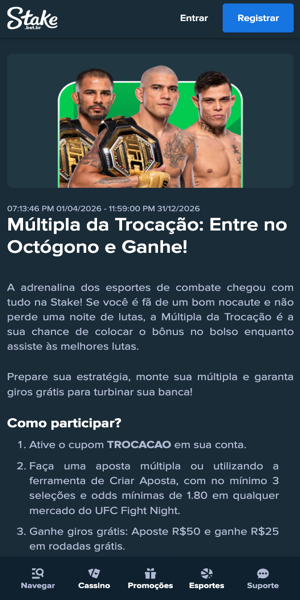 Imagem da p&aacute;gina da promo&ccedil;&atilde;o da m&uacute;ltipla nas apostas do UFC na Stake