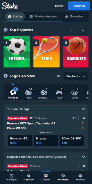 Imagem da p&aacute;gina principal das apostas esportivas na Stake
